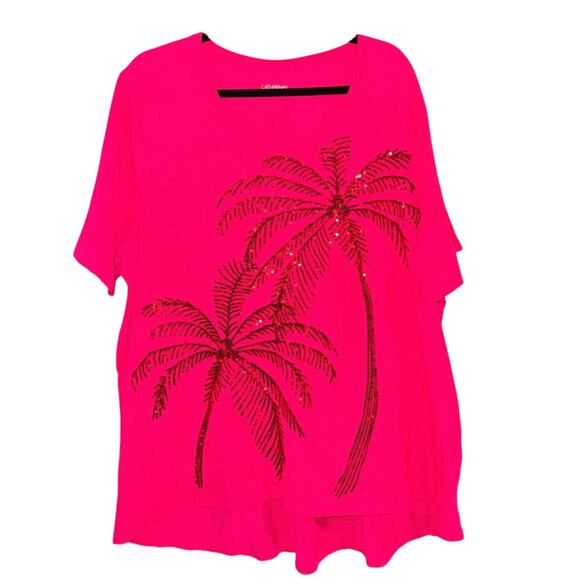 Catherines Women's Plus Size Slub Knit Sparkling Sequin Tee pink burst palm tree - Picture 3 of 5
